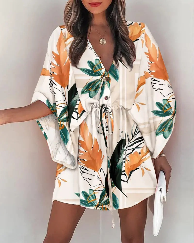 Fly-Sleeve V-Neck Lace-Up Dress