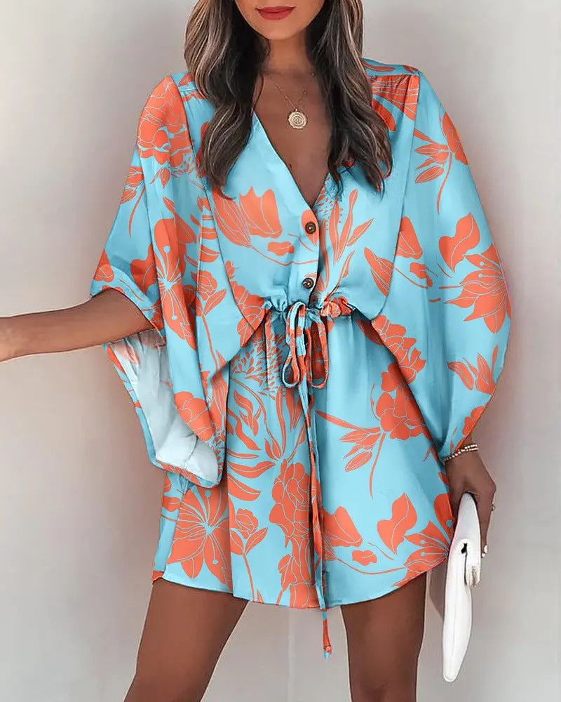 Fly-Sleeve V-Neck Lace-Up Dress