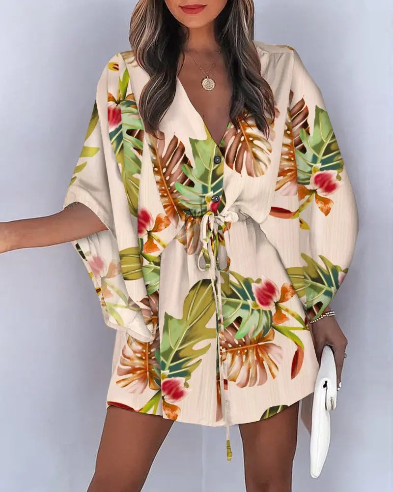 Fly-Sleeve V-Neck Lace-Up Dress