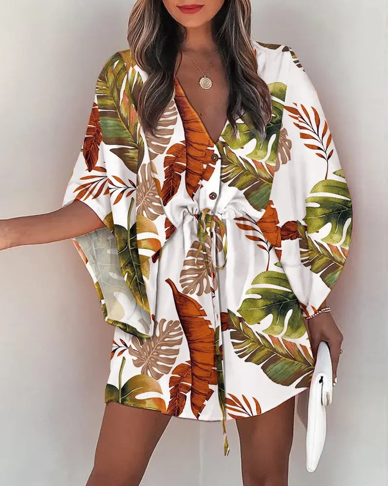 Fly-Sleeve V-Neck Lace-Up Dress