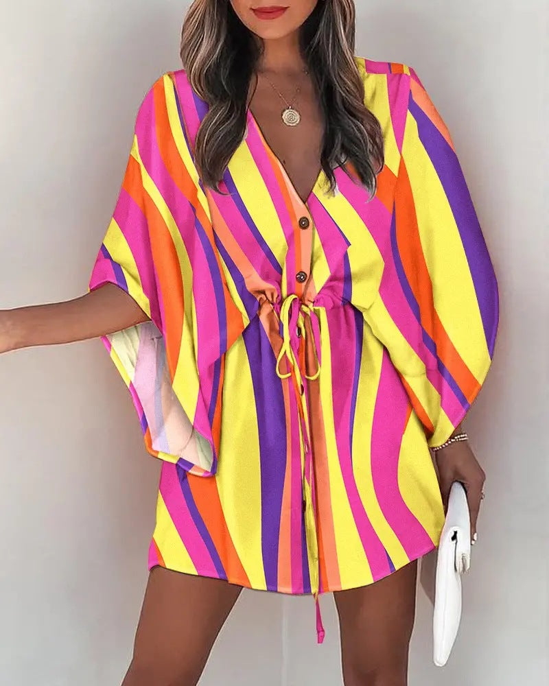 Fly-Sleeve V-Neck Lace-Up Dress
