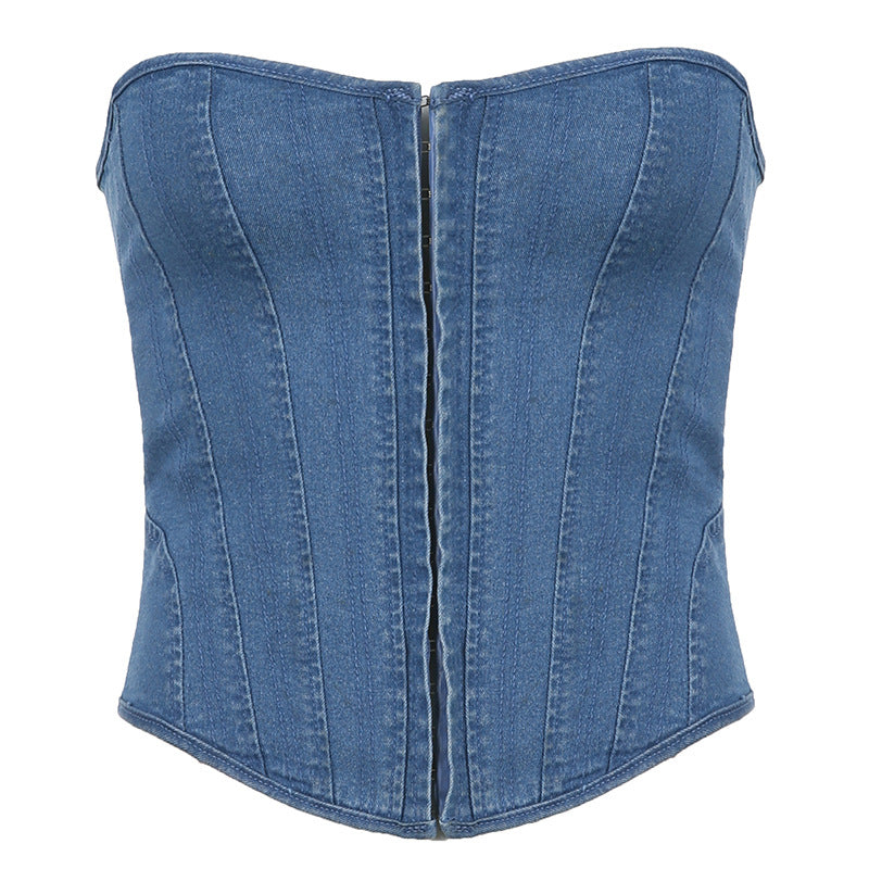Wavy Collar Denim Strap Vest