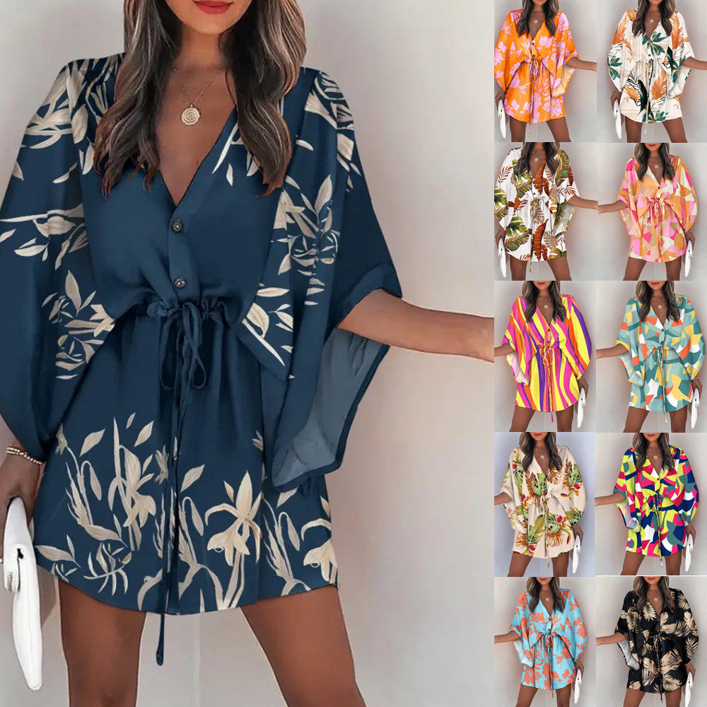 Fly-Sleeve V-Neck Lace-Up Dress