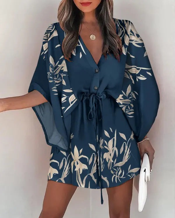 Fly-Sleeve V-Neck Lace-Up Dress
