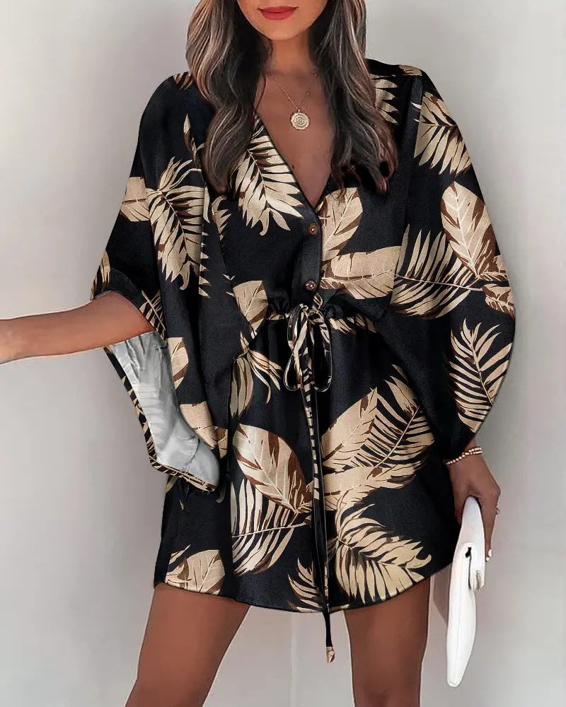 Fly-Sleeve V-Neck Lace-Up Dress