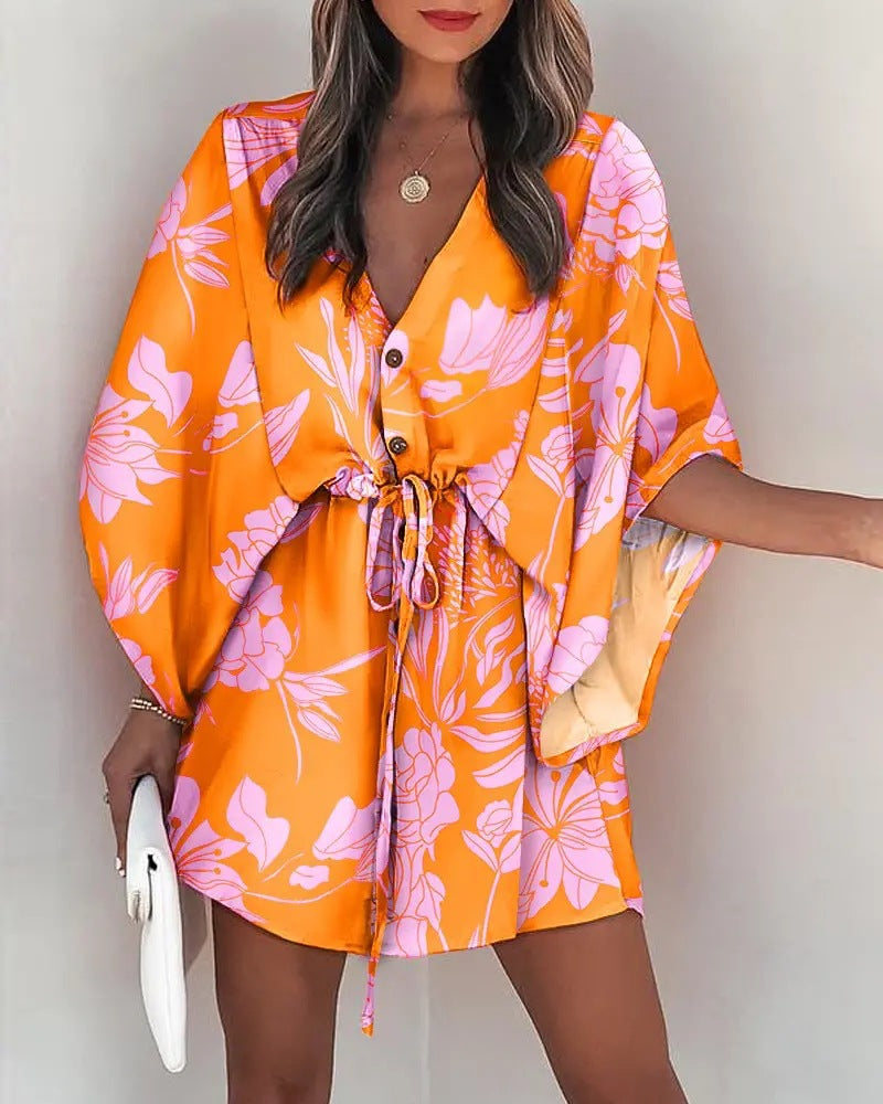 Fly-Sleeve V-Neck Lace-Up Dress