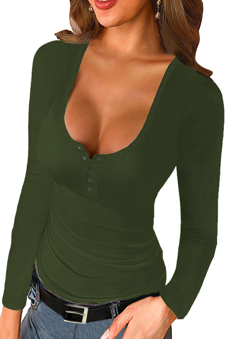 Solid Color U-Neck Long Sleeve Top