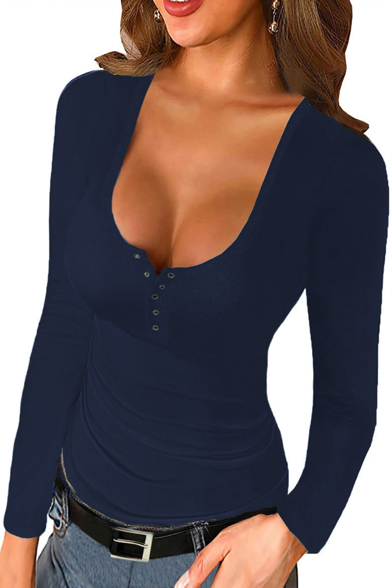 Solid Color U-Neck Long Sleeve Top